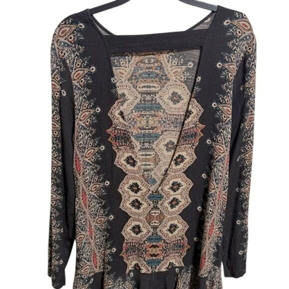Free People Boho Paisley Medallion Open Back Mini Dress‎ Black Multi Medium
